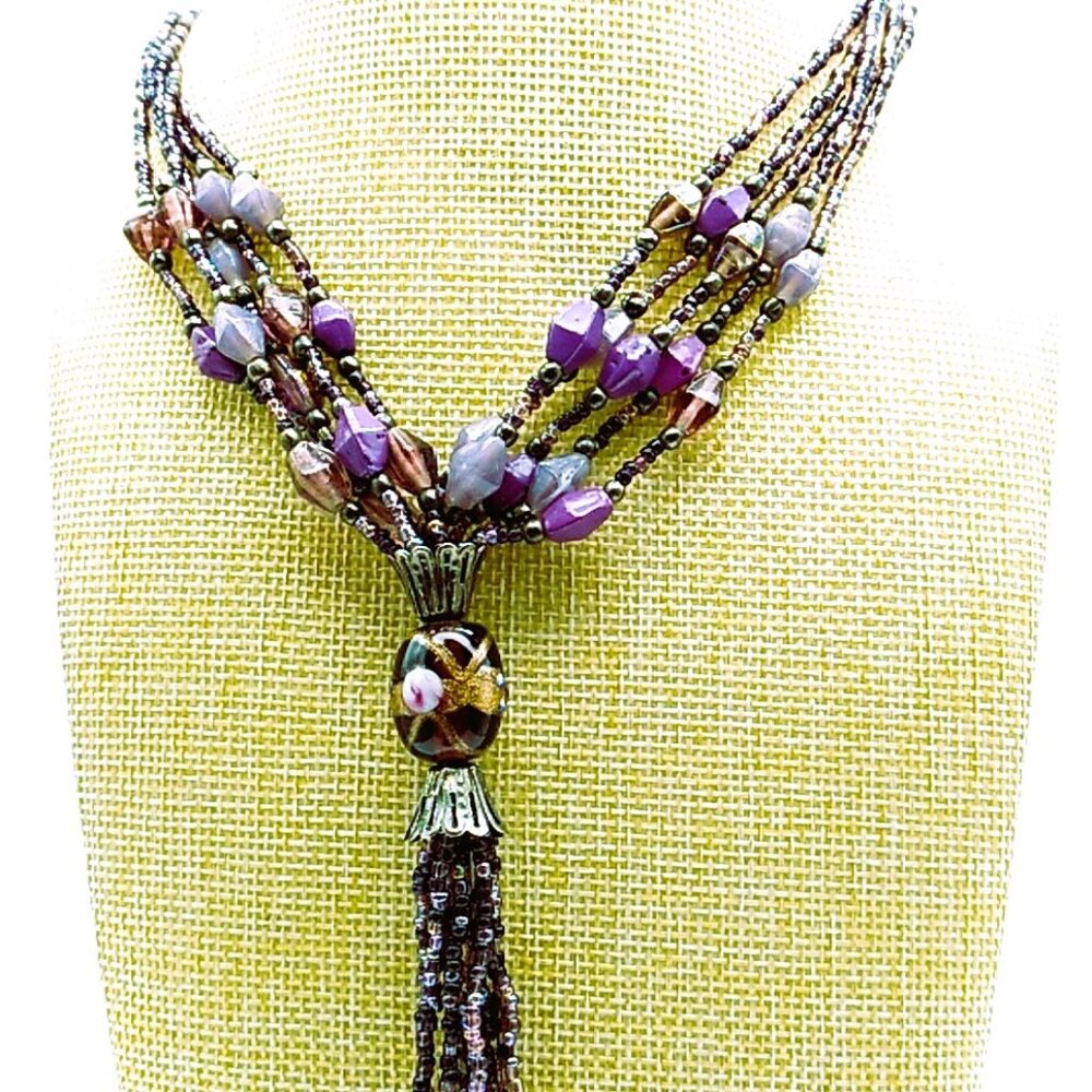VTG Multi-Strand Beaded Necklace with Focal Bead & Tassel Purple Bronze Lilac